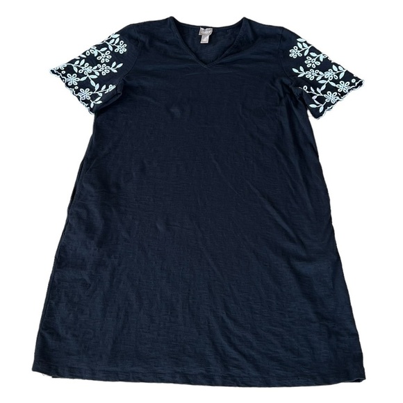 Chico’s Embroidered Lace Sleeve Black V-Neck Shift Dress Cotton Slub Pockets 12 - Picture 2 of 15